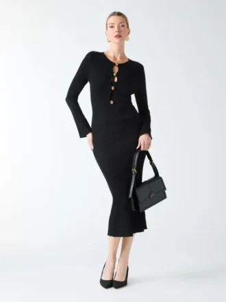 Agathe Ribbed Long-Sleeve Midi Dress