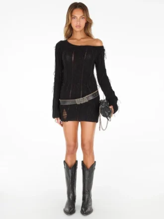 Distressed Wool-Blend Dress