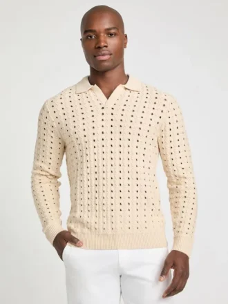 Open-Knit Polo Sweater