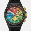 Rainbow Mosaic and Black Silicone Chronograph Watch