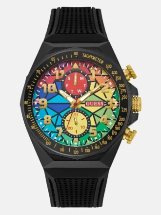Rainbow Mosaic and Black Silicone Chronograph Watch