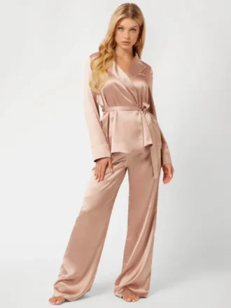 Satin Embellished Wrap Top and Pants Pj Set