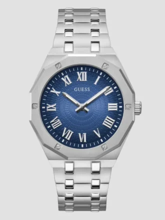 Silver-Tone and Blue Octagonal Analog Watch