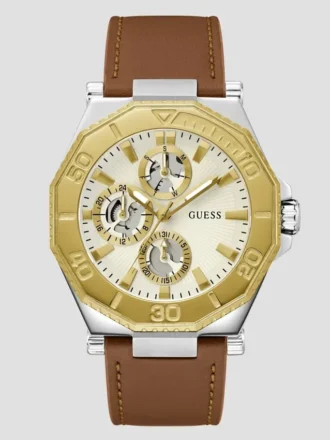 Two-Tone and Brown Leather Multifunction Watch